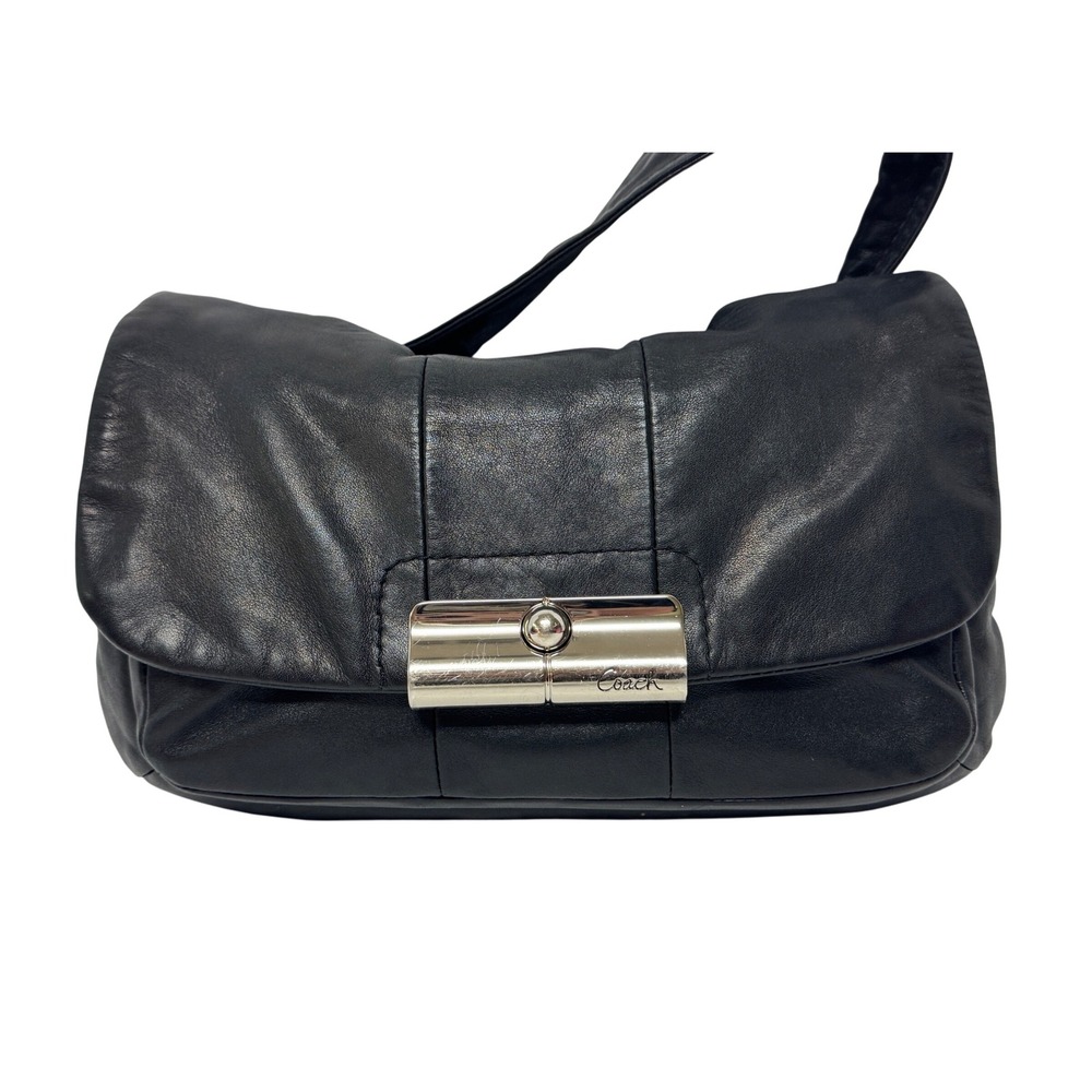 Coach Black Leather Shoulder Bag Flap Turnlock Closure Silver Hardware Hobo‎ - Picture 2 of 12